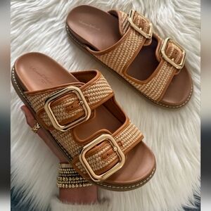 Universal Thread Boho Woven Raffia Buckle Slides | Natural & Cognac | Size 8.5